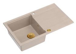 Quadri Luton pearl beige granitový nadstavbový drez s odkvapkávaním, otočný 86x50cm so zlatým čepom 1208971778