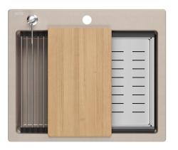 Quadri Durham Pearl Beige granitový umývadlový blok 595x500 so dávkovačom mydla, doskou na krájanie, vložkovým umývadlom a rolovacou podložkou 1208971814