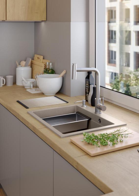 Quadri Durham Pearl Beige granitový umývadlový blok 595x500 so dávkovačom mydla, doskou na krájanie, vložkovým umývadlom a rolovacou podložkou 1208971814