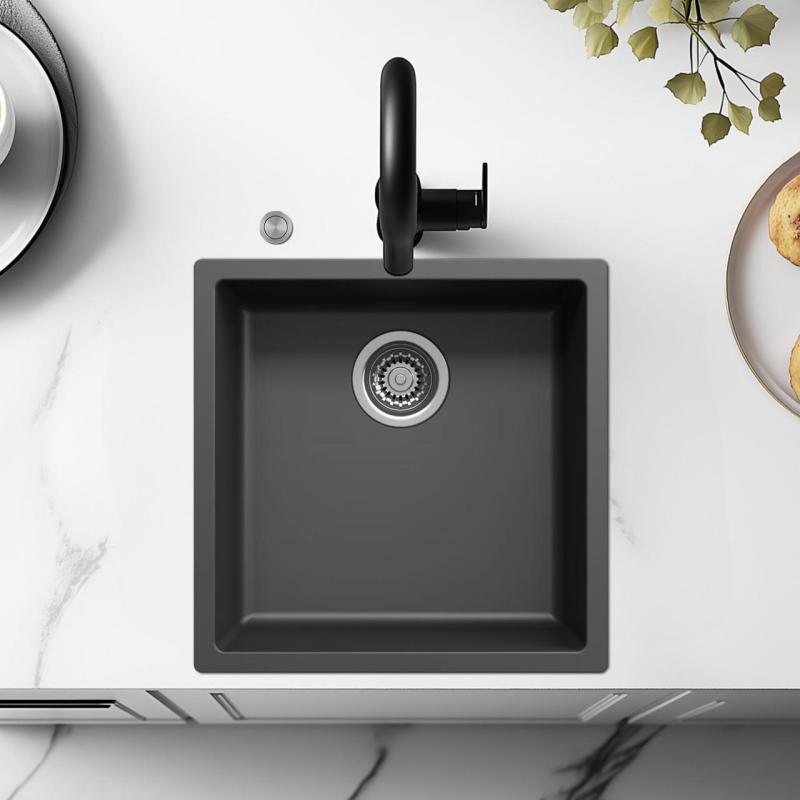 Ausmann Fibre čierna umývadlo 40x40cm na spodnú montáž, hornú montáž a rovnú montáž s automatickým nerezovým zátkou 1208971836