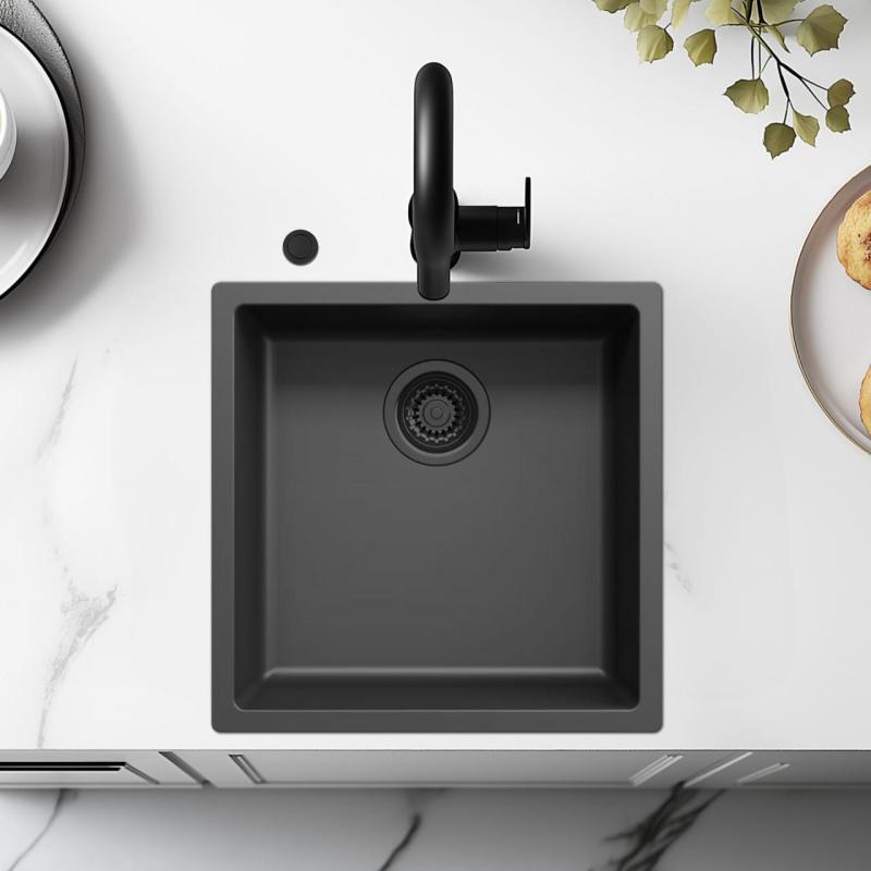 Ausmann Fibre čierny drez 40x40cm na spodnú montáž, povrchovú montáž a rovnú montáž s automatickou čiernou zátkou 1208971851
