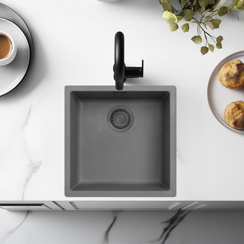 Ausmann Fiber betónový šedý drez 40x40cm na spodnú inštaláciu, vrchnú inštaláciu a rovnú inštaláciu s gun metal zátkou 1208971882