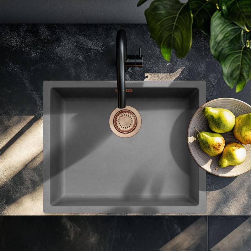 Ausmann Fibre betónový šedý umývadlo 50x40cm na podstavec, na stenu a rovný vstavaný s medenou zátkou 1208971884