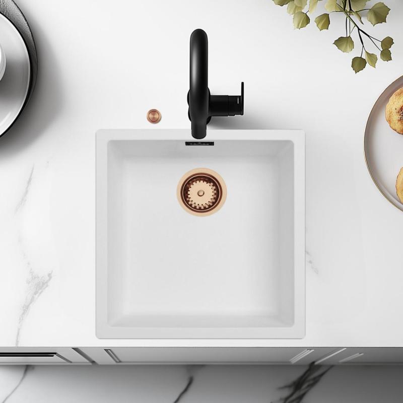 Ausmann Fibre biely umývadlo 40x40cm spodná montáž, vrchná montáž a rovná montáž s automatickým medeným zátkou 1208971893