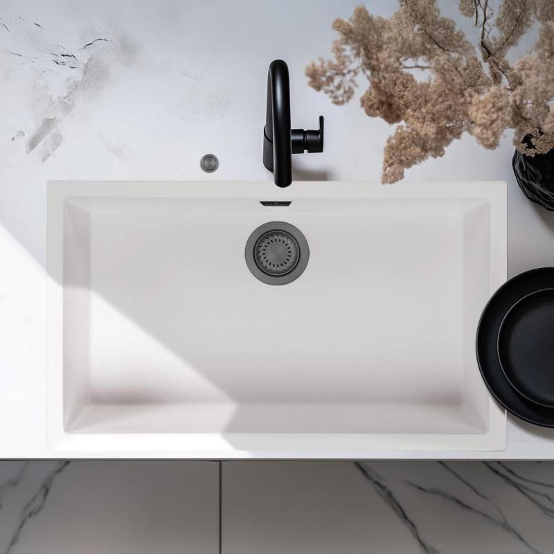 Ausmann Fibre biely veľký drez 70x40cm na spodnej montáži, povrchovej montáži a plochej montáži s automatickou zátkou v gun metal prevedení 1208971908