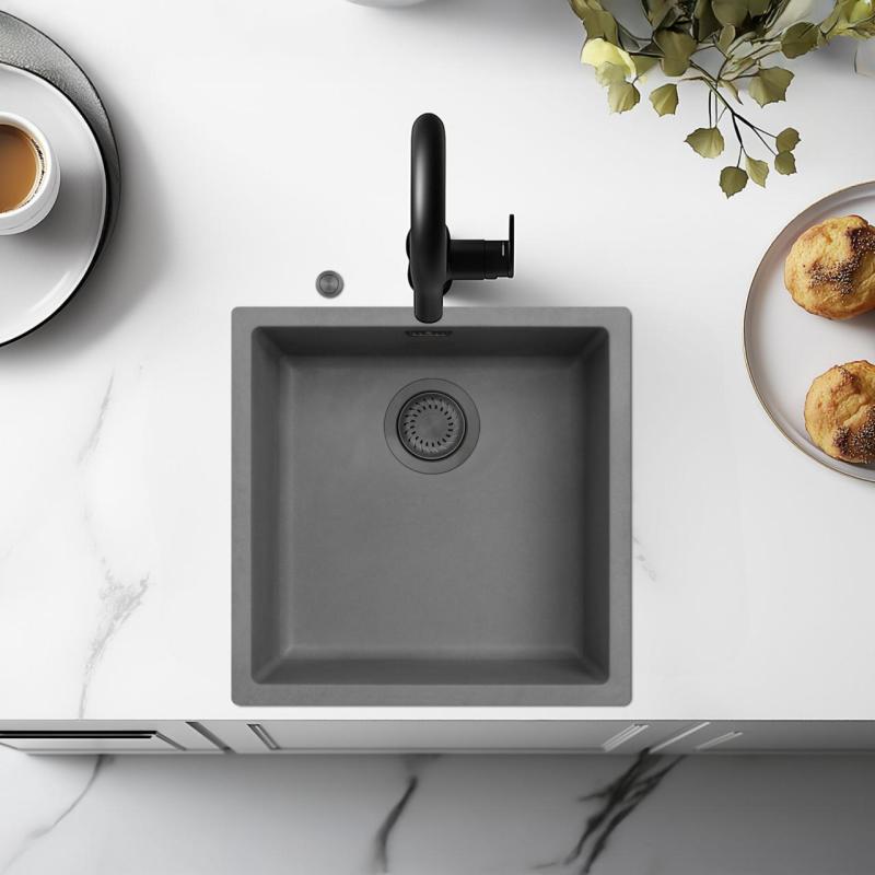 Ausmann Fibre betónový šedý drez 40x40cm na podstavci, nadstavba a rovná vstavaná s automatickým zátkou z liateho železa 1208971914