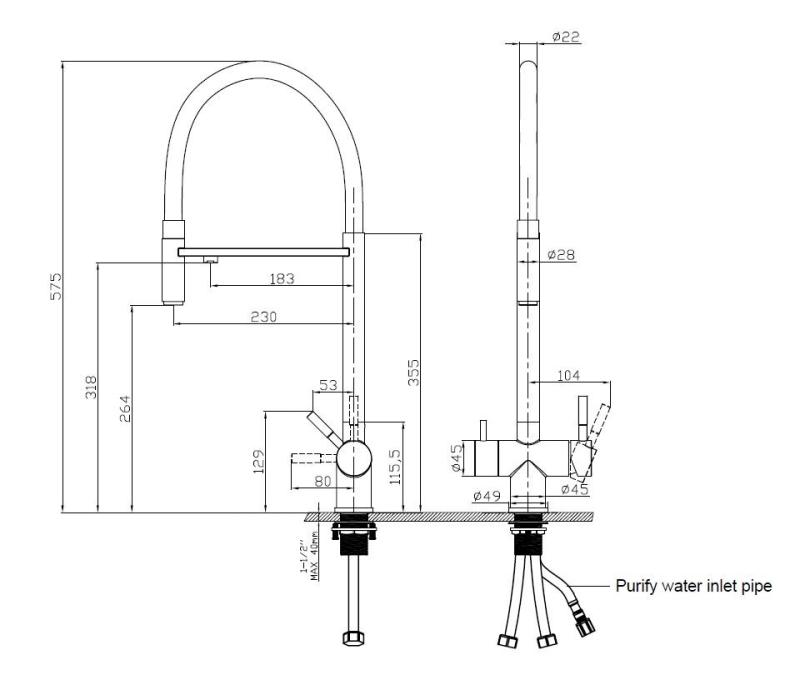 Pure.Sink Elite Steel Flex 3-smerový nerezový kuchynský kohútik s flexibilným výstupom a filtrovanou vodou PS8110-02