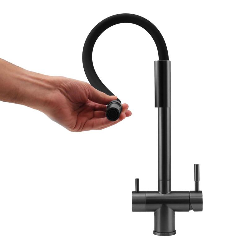 Pure.Sink Elite Steel Flex 3-smerný PVD gun metal kuchynská batéria s flexibilným vývodom a filtrovanou vodou PS8110-61