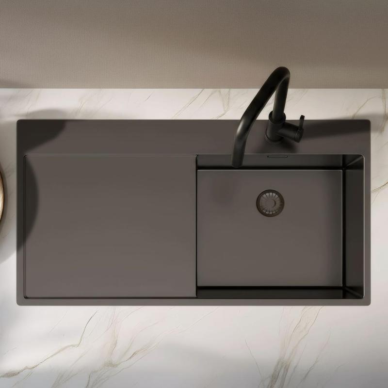 Pure.Sink Exclusivo Gun metal drez s odkvapkávacou časťou 100x52 cm Tapwing vpravo PEX47100RT-61