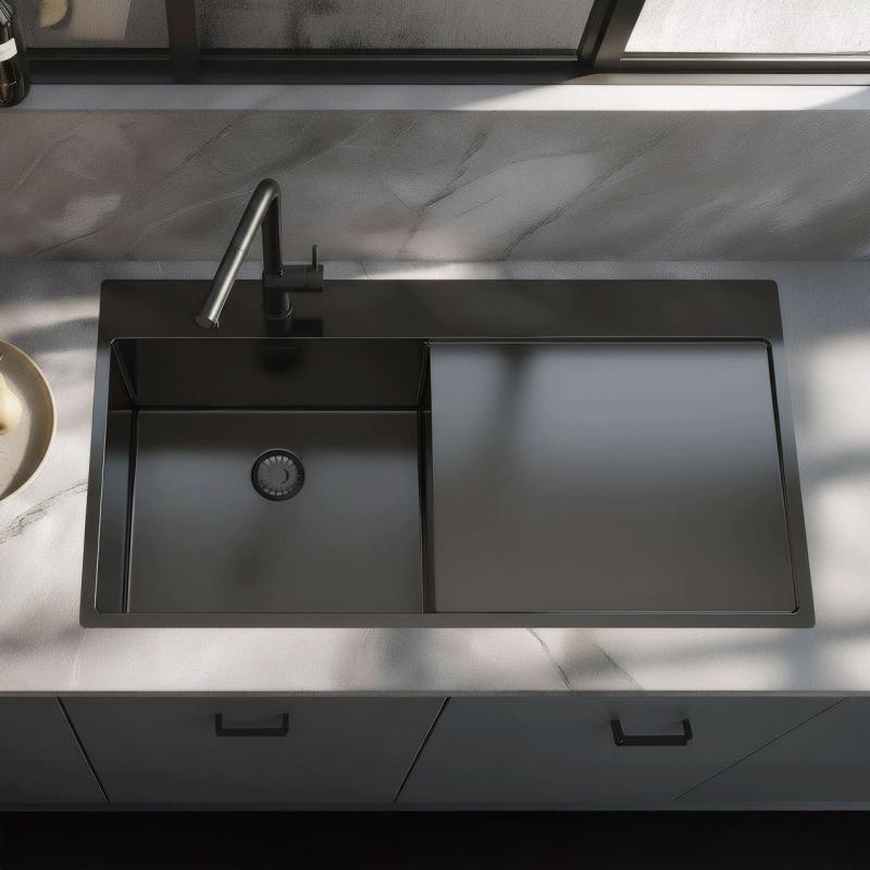 Pure.Sink Exclusivo Gun metal drez s odkvapkávacou časťou 100x52 cm Tapwing vľavo PEX47100LT-61