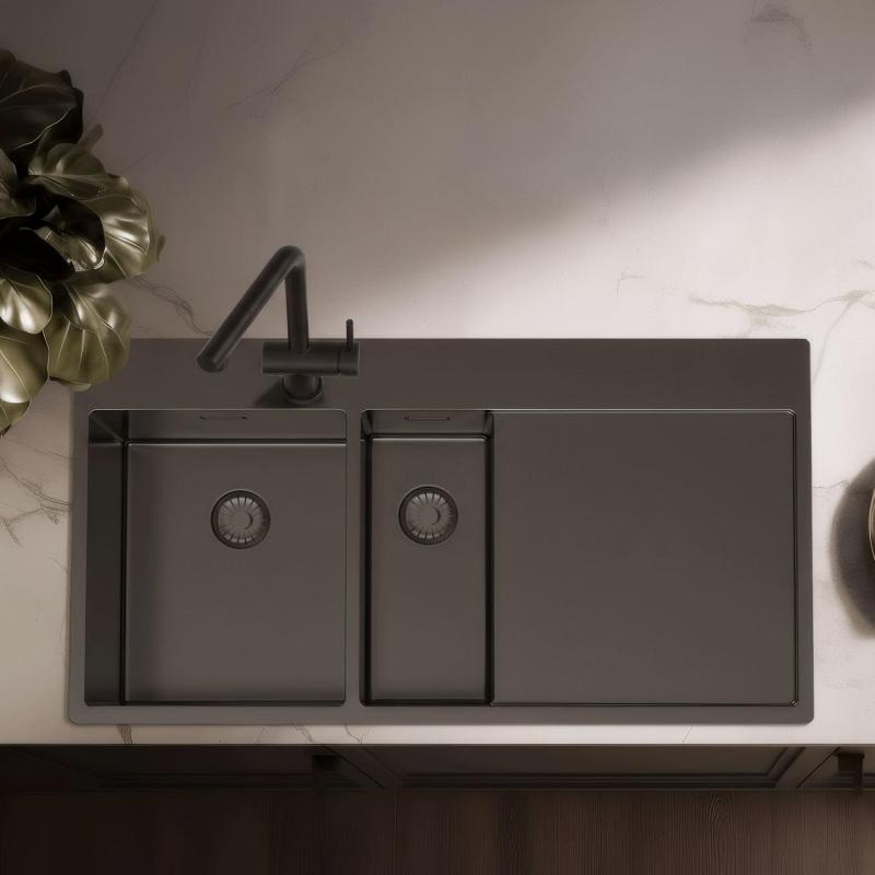 Pure.Sink Exclusivo Gun metal 1,5  drez s odkvapkávacou časťou 100x52 cm Tapwing vľavo PEX3418100LT-61