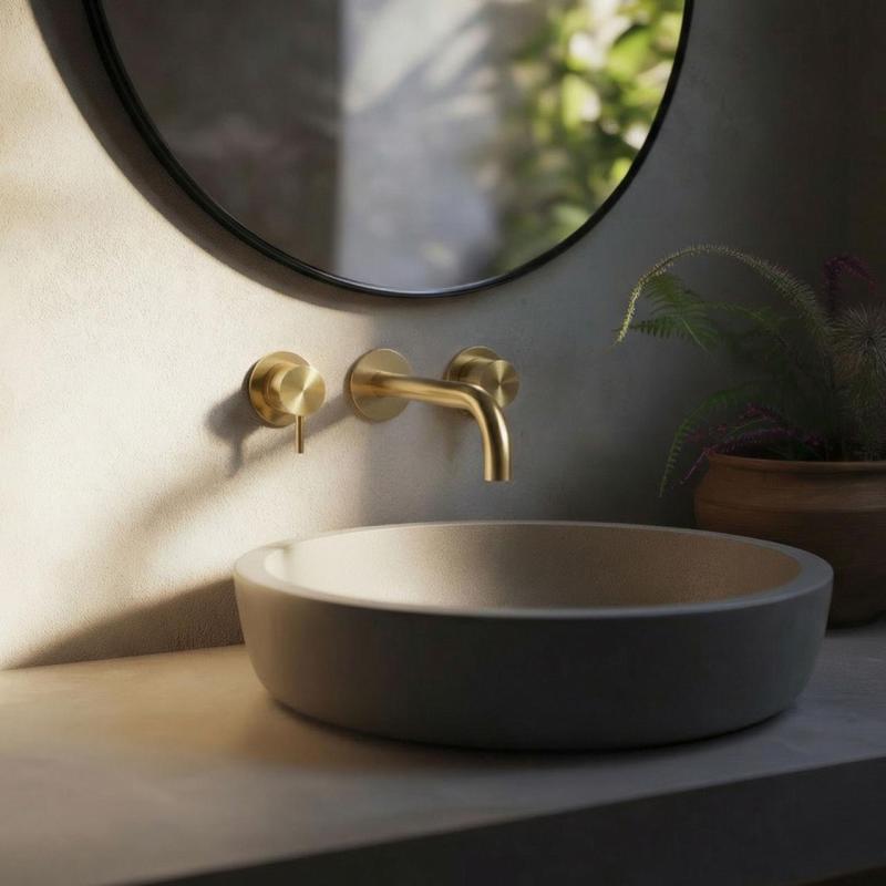 Waterevolution Flow 3-otvorová vstavaná batéria k umývadlu PVD biela zlatá s výtokom 15 cm T1163FWGE-15