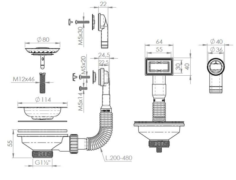 Pure.Sink Universal Sada zátok Mat Biela, odtoková sada pre drez vrátane prepadu okrúhleho a obdĺžnikového WSTMAN-32