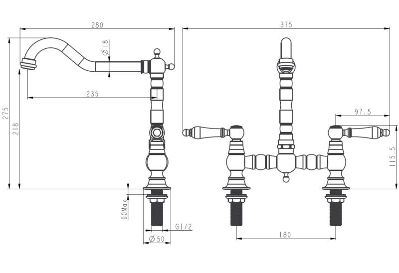 Aquanello Heritage Manor Klasická kuchyňa Nostalgický most Kuchynský kohútik Chróm s bielou rukoväťou CR-0010-HM