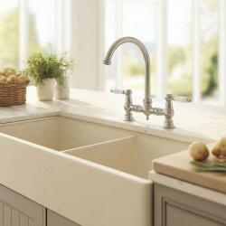 Aquanello Heritage Manor Klasická kuchyňa Nostalgický most Kuchynský kohútik z nehrdzavejúcej ocele s bielou rukoväťou a okrúhlym výtokom NB-4001-HA