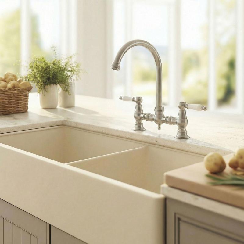 Aquanello Heritage Manor Klasická kuchyňa Nostalgický most Kuchynský kohútik z nehrdzavejúcej ocele s bielou rukoväťou a okrúhlym výtokom NB-4001-HA