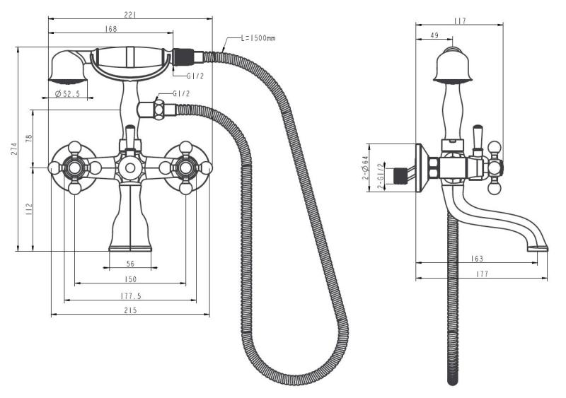 Aquanello Heritage Ascot Klasický montážny batériový kohútik s hviezdicovými gombíkmi, chróm, vrátane ručnej sprchy CR-3002-HA