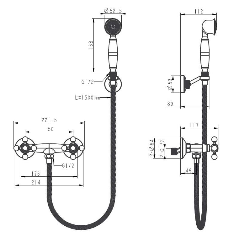 Aquanello Heritage Ascot Klasická sprchová súprava s otočnými gombíkmi v bronzovej farbe vrátane ručnej sprchy BN-2002-HA