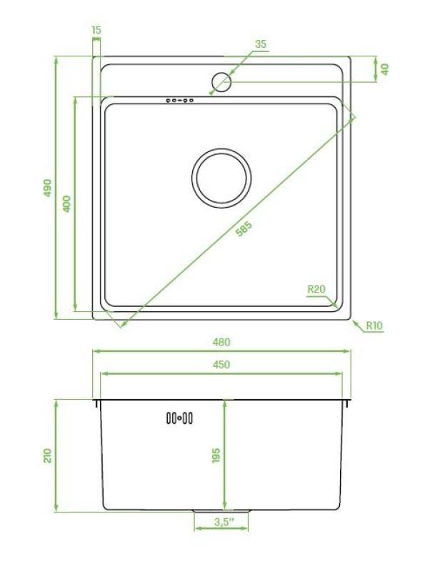 Aquadesign Plana Nerezová montážna drezová vaňa 48 x 49 cm s otvorom na batériu vrátane sifónu a odtokovej zátky Clickclack 1208972559